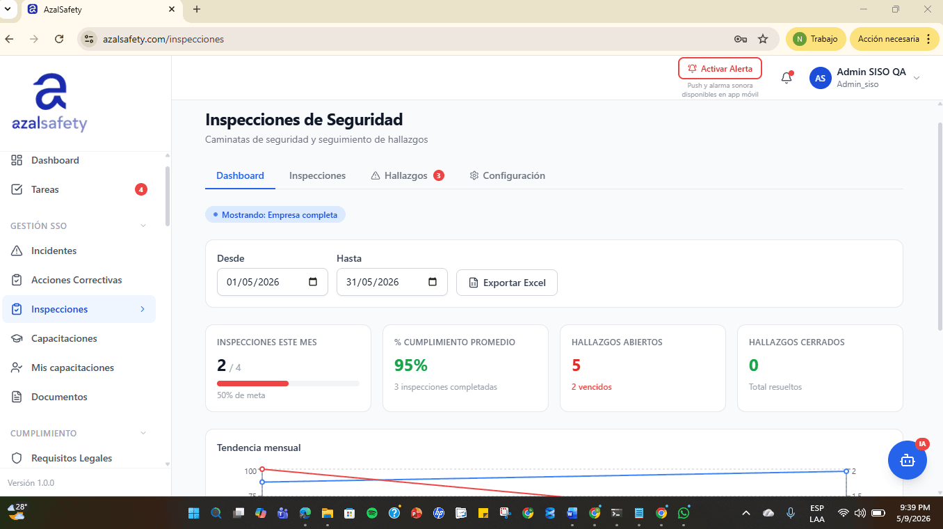 Módulo de inspecciones de seguridad en AzalSafety — vista web
